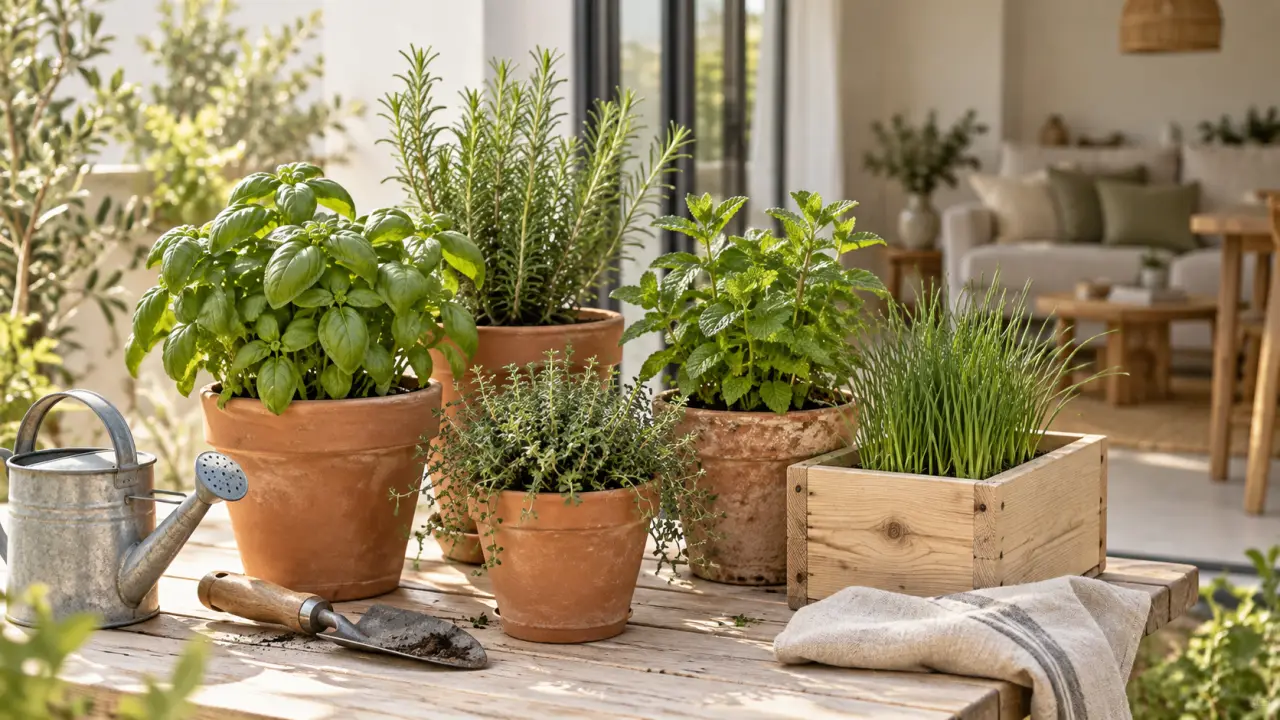 Petit jardin d’aromates installé dans des pots en terre cuite près de la maison