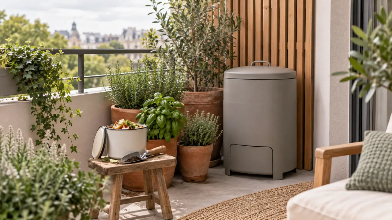Petit composteur discret installé sur un balcon végétalisé