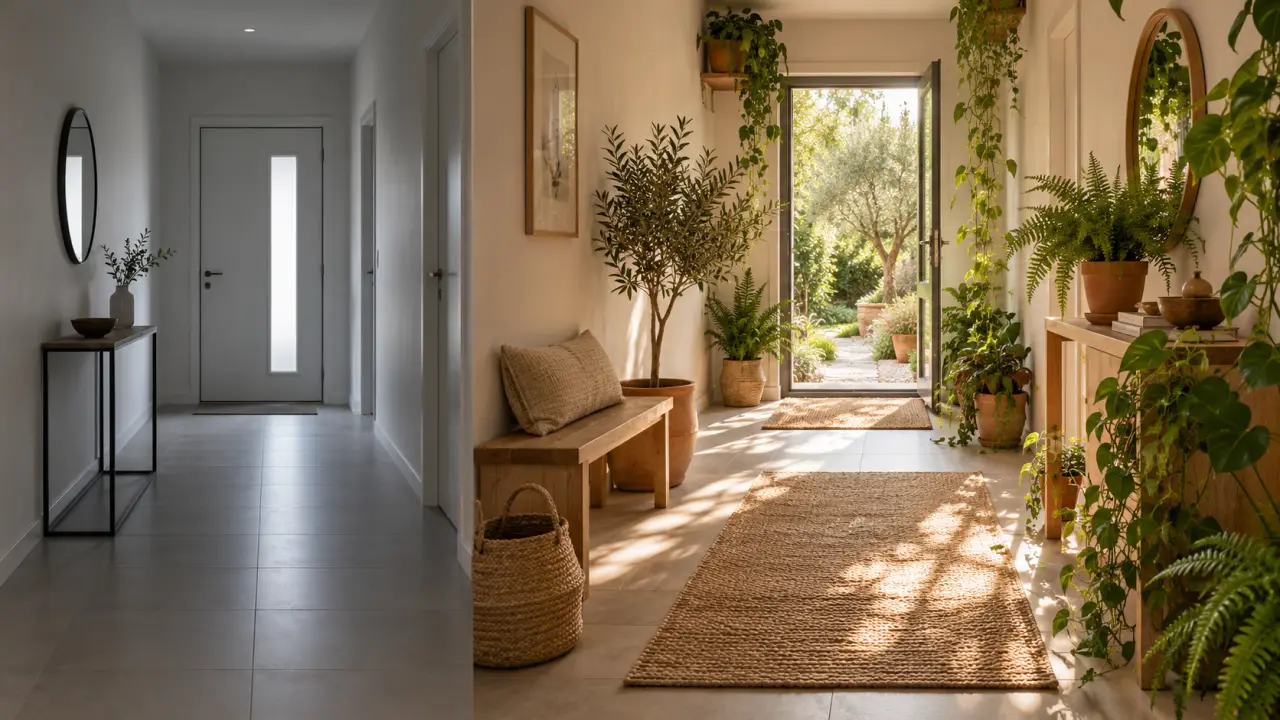 Entrée lumineuse transformée en sas végétal avec plantes et matières naturelles