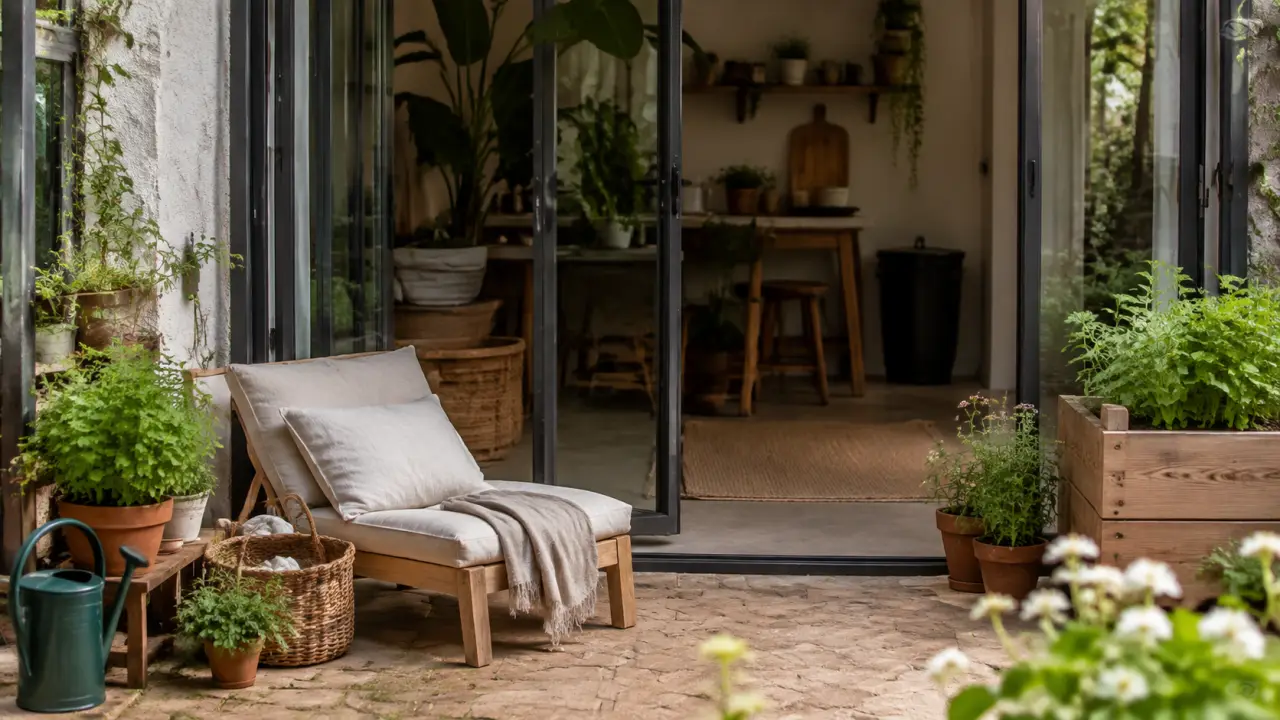 Salon ouvert sur un jardin verdoyant, lumière douce et matières naturelles