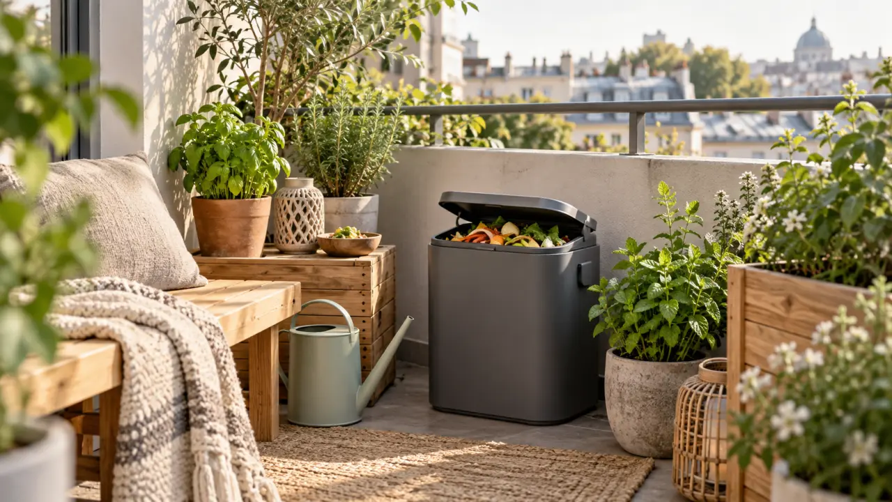 Composteur de balcon installé près de plantes vertes